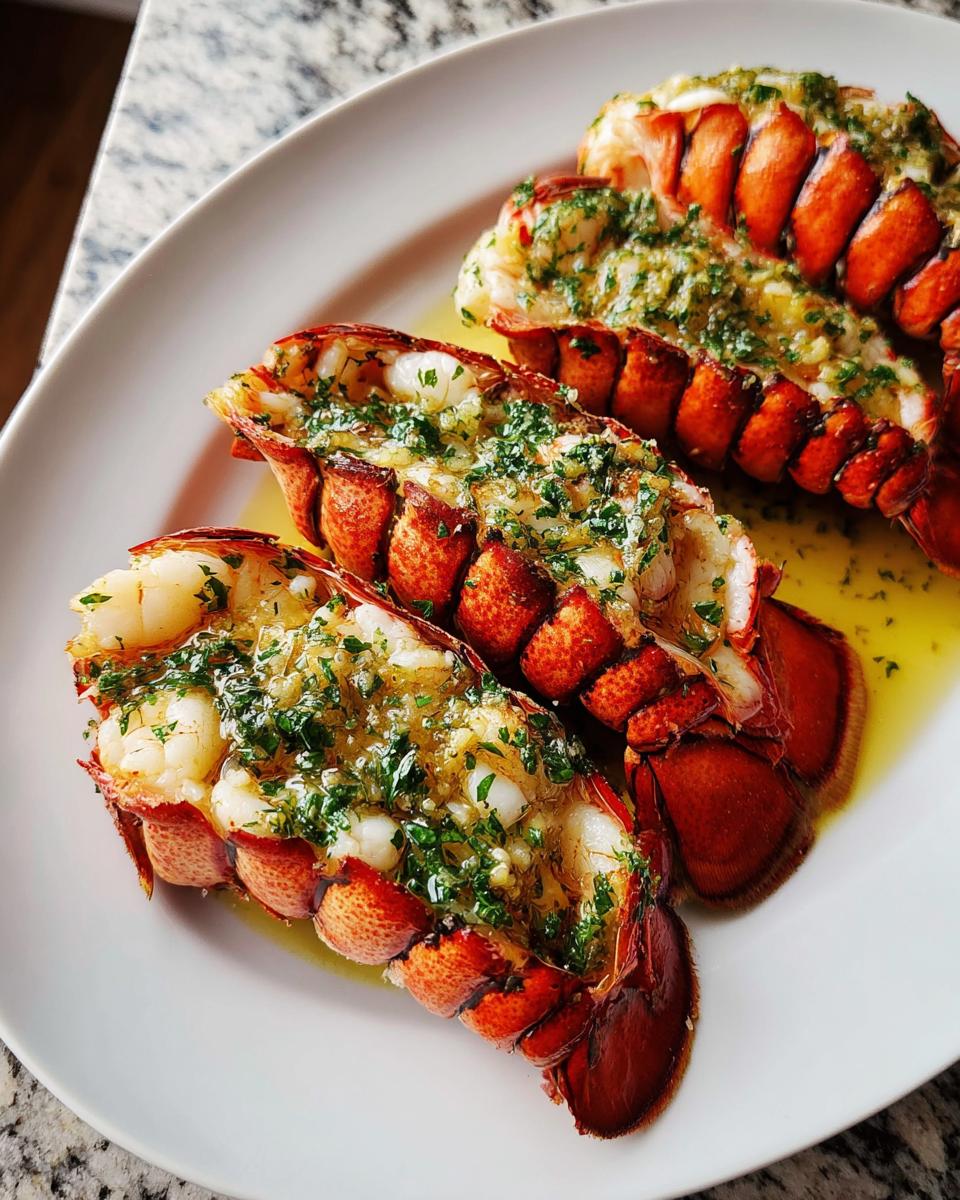 Three cooked Lobster Tails with Garlic Lemon Butter resting in a pool of melted butter on a white plate.