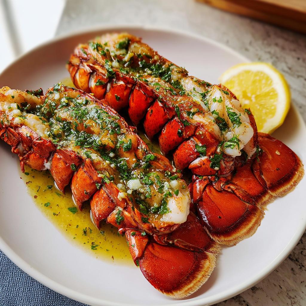 Two cooked Lobster Tails with Garlic Lemon Butter sauce drizzled over the white meat, served with a lemon wedge.
