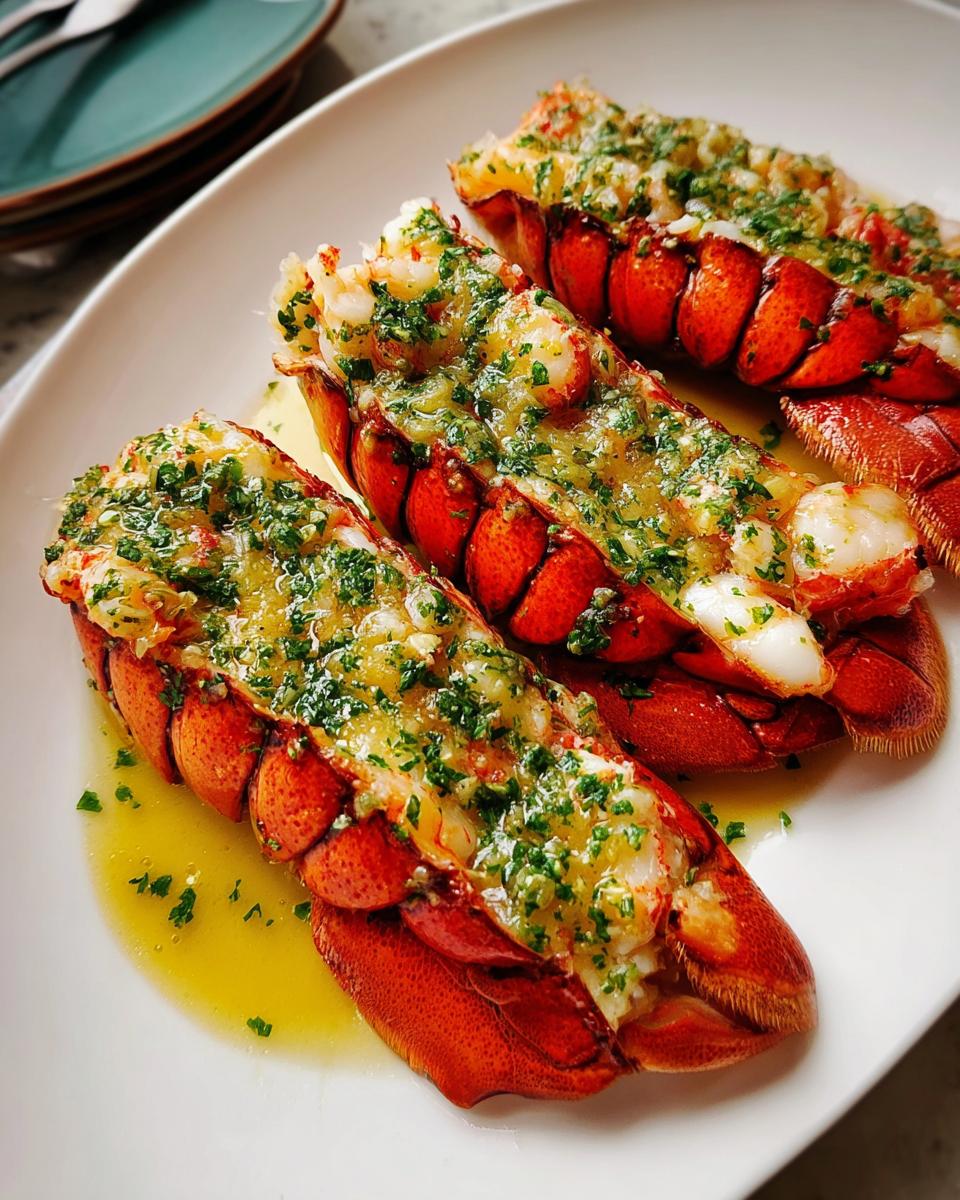 Three cooked lobster tails split open and topped generously with garlic lemon butter and fresh parsley.