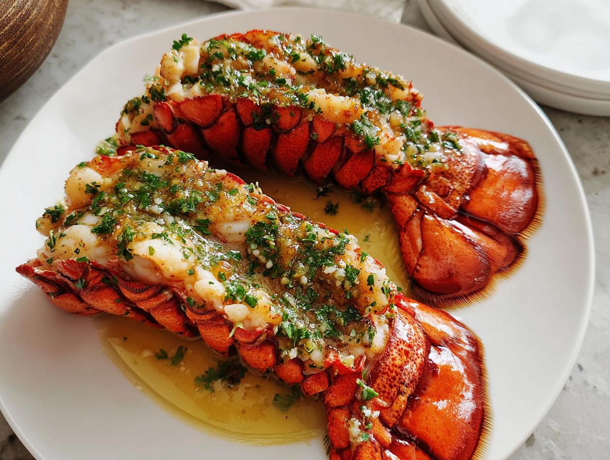 Two cooked lobster tails generously topped with garlic lemon butter and fresh parsley, served on a white plate.