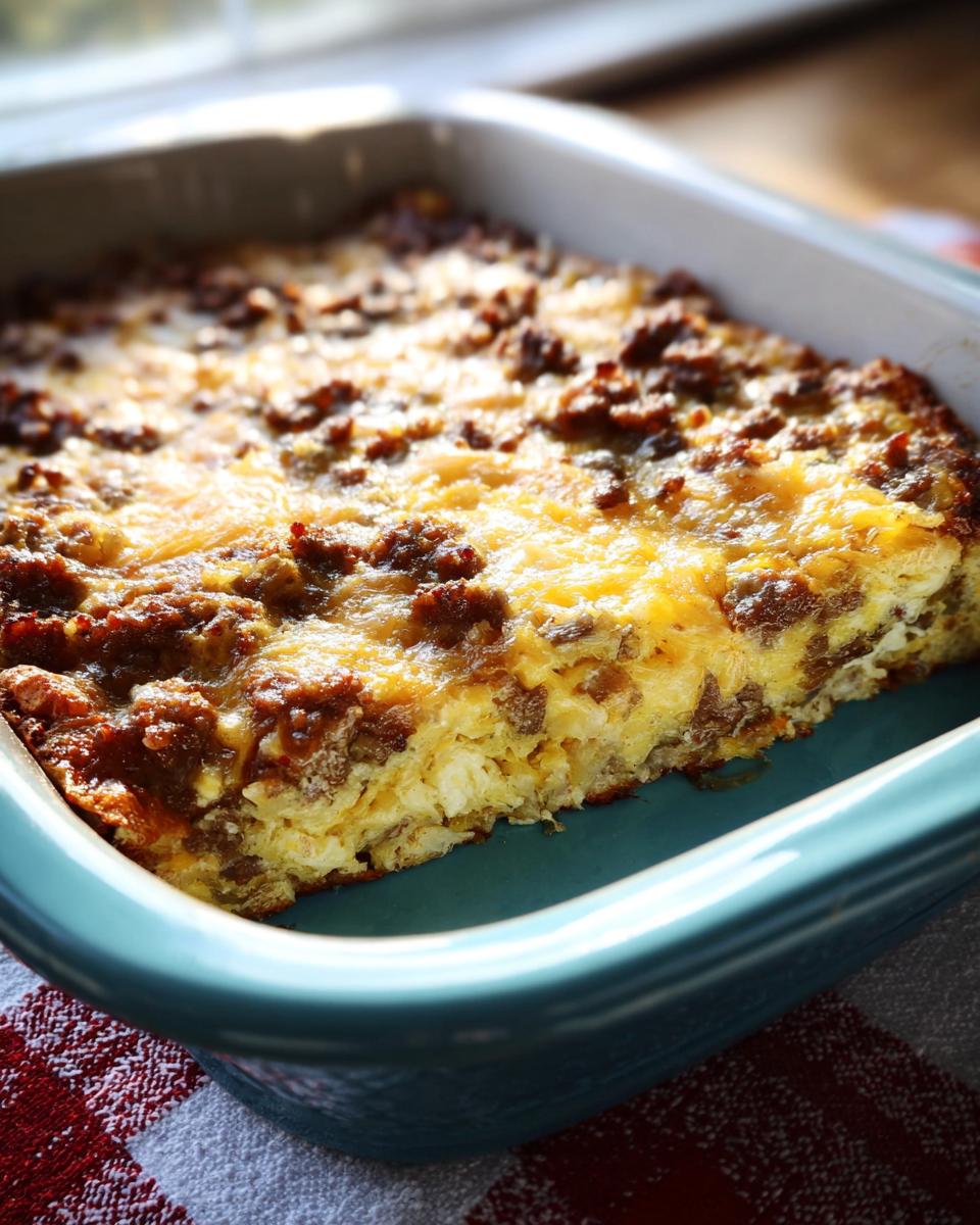 Close-up of a baked Make-Ahead Breakfast Strata with Bread & Cheese, topped with melted cheddar and sausage.