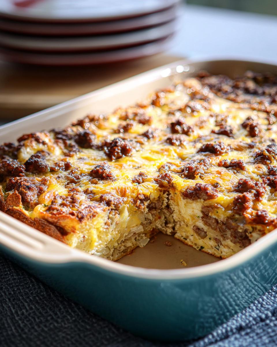 A baked Make-Ahead Breakfast Strata with Bread & Cheese topped with browned sausage and melted cheddar cheese.