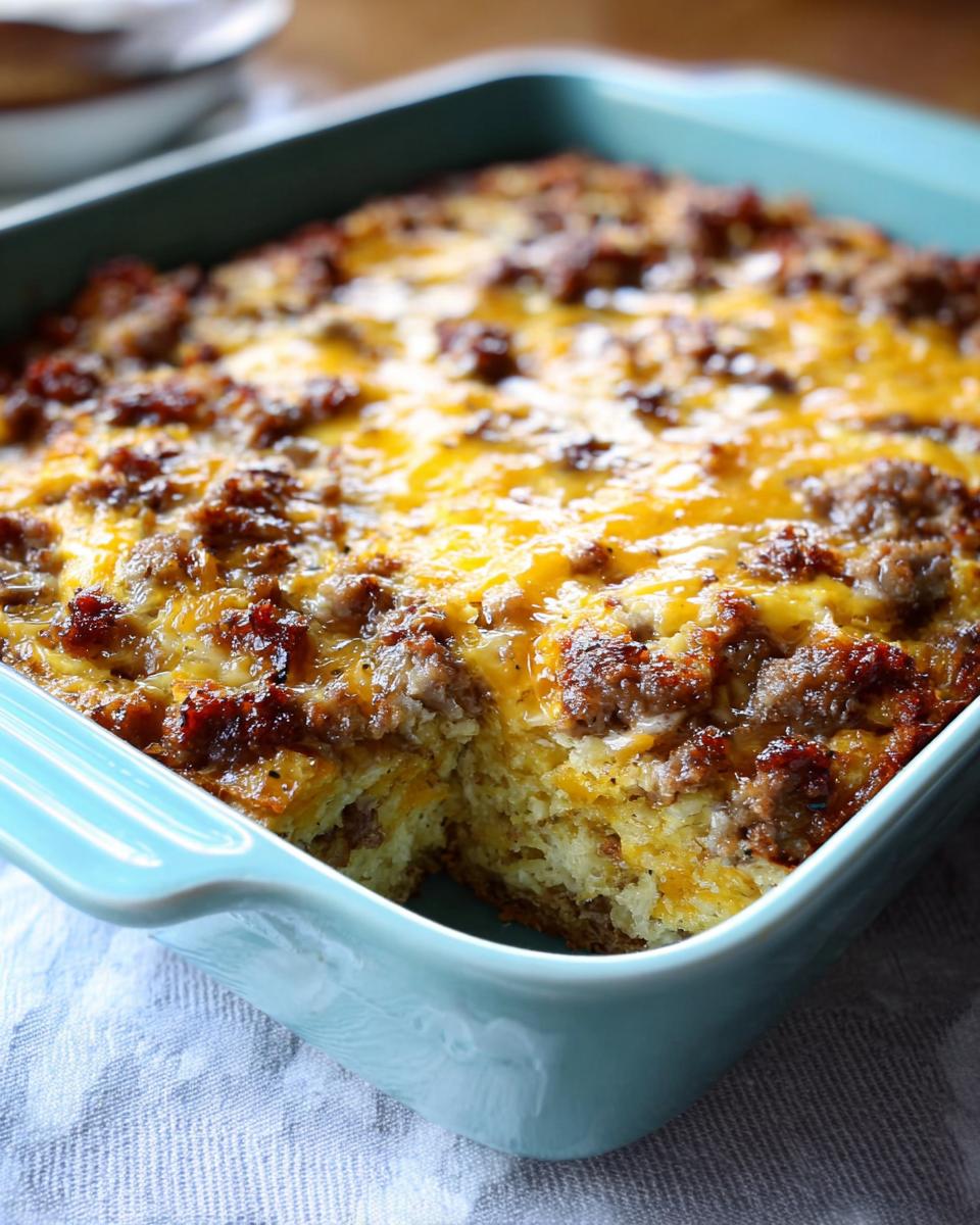 A baked Make-Ahead Breakfast Strata with Bread & Cheese topped generously with browned sausage and melted cheddar cheese in a blue baking dish.