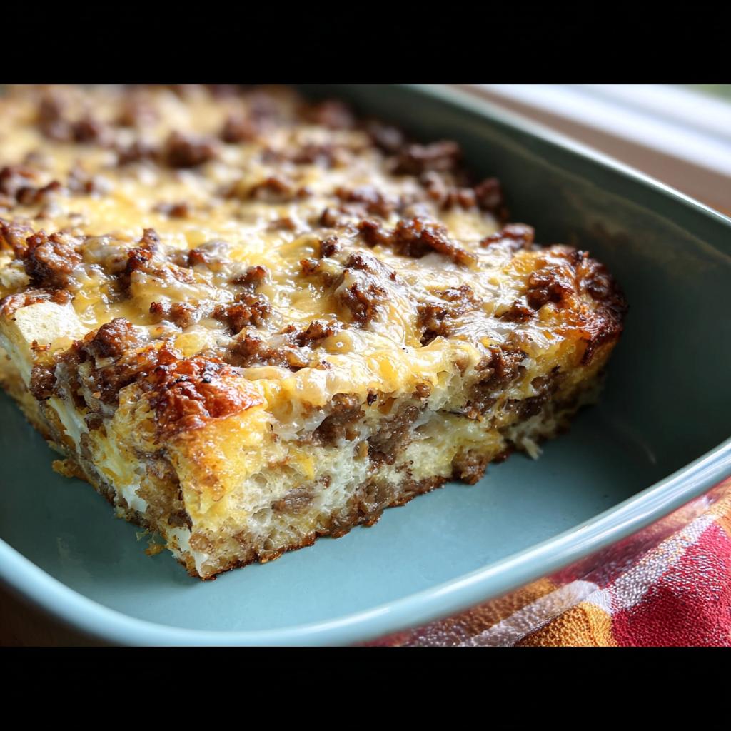 A close-up of a baked Make-Ahead Breakfast Strata with bread, cheese, and sausage in a blue baking dish.