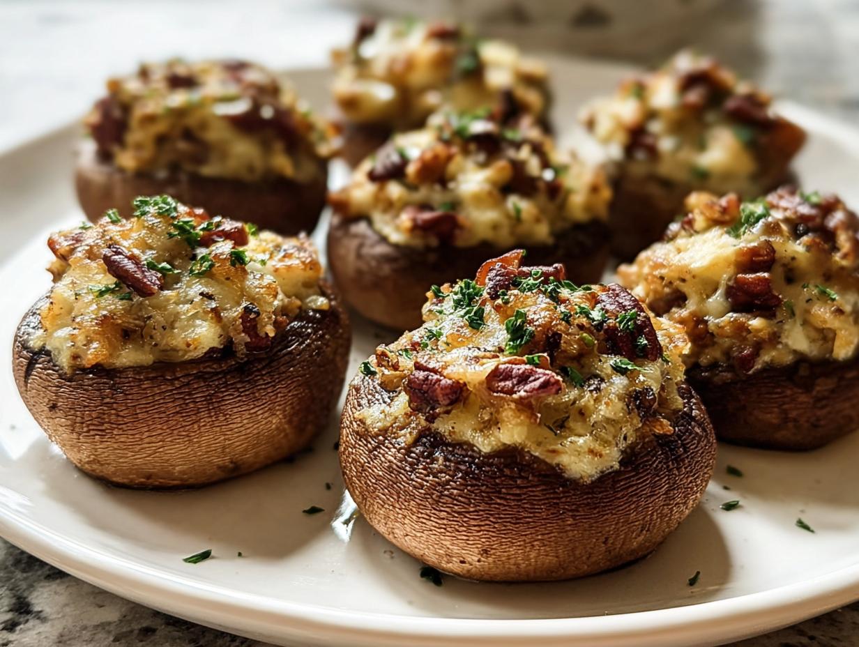 Close-up of baked Stuffed Mushrooms topped with cheese and bacon bits, garnished with parsley.