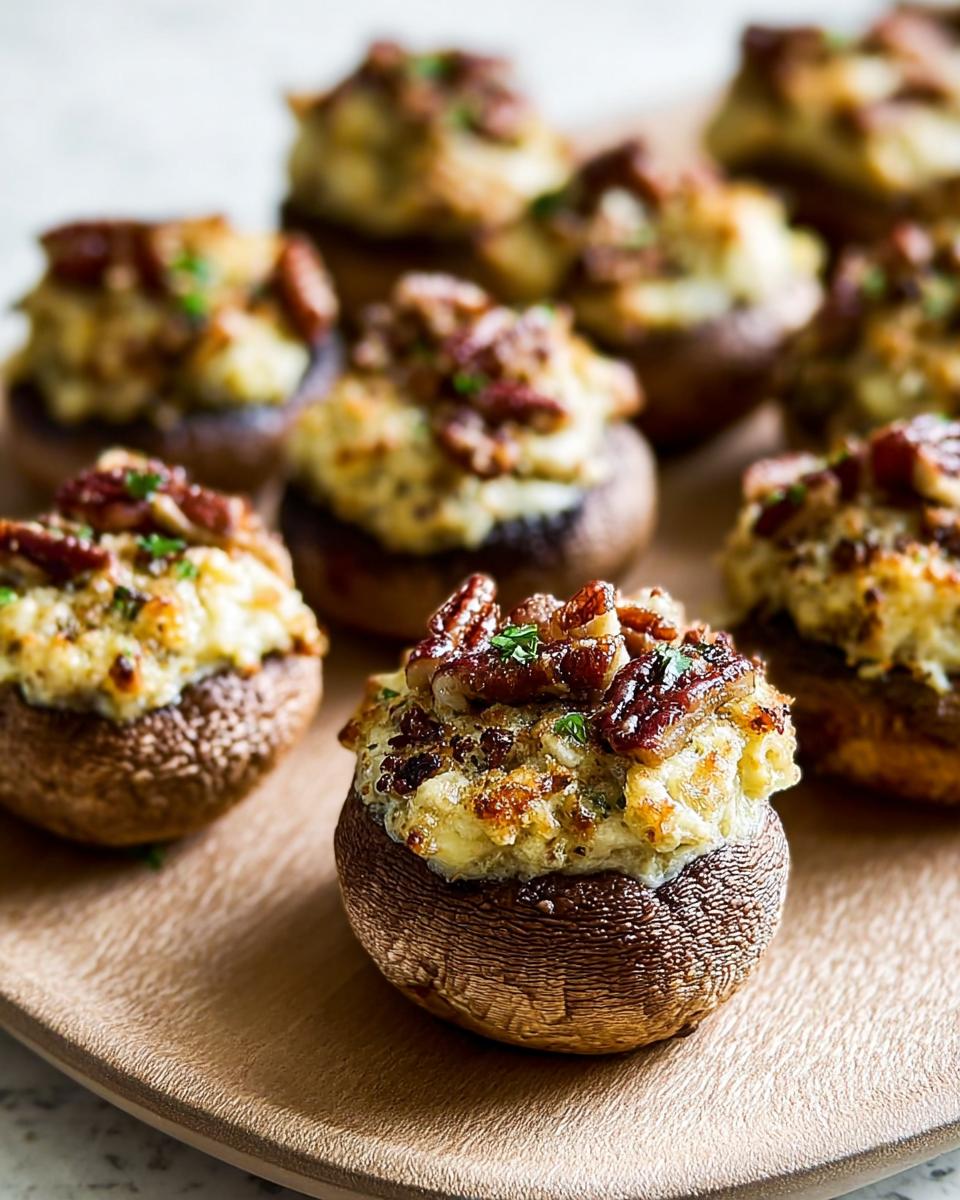 Close-up of baked Stuffed Mushrooms filled with creamy stuffing and topped with pecans.