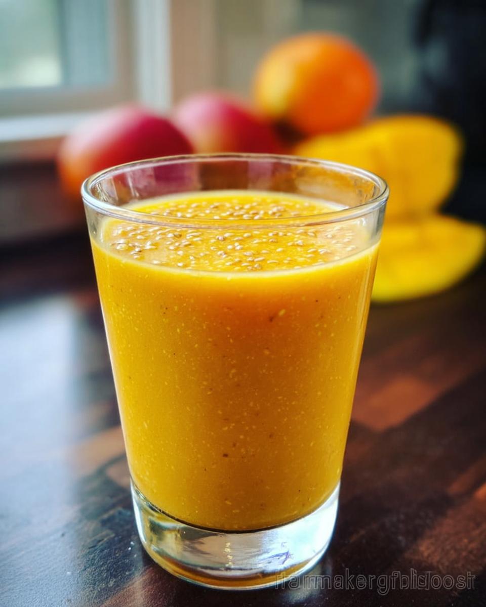 A vibrant, thick Mango Pineapple Smoothie topped with chia seeds in a clear glass.