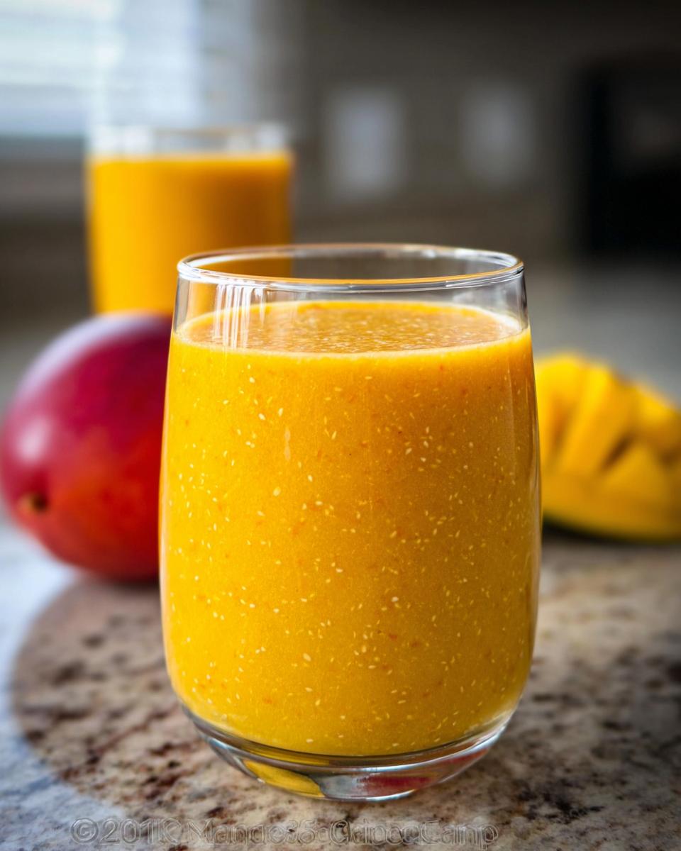 Close-up of a vibrant yellow Mango Pineapple Smoothie in a glass, with fresh mangoes in the background.