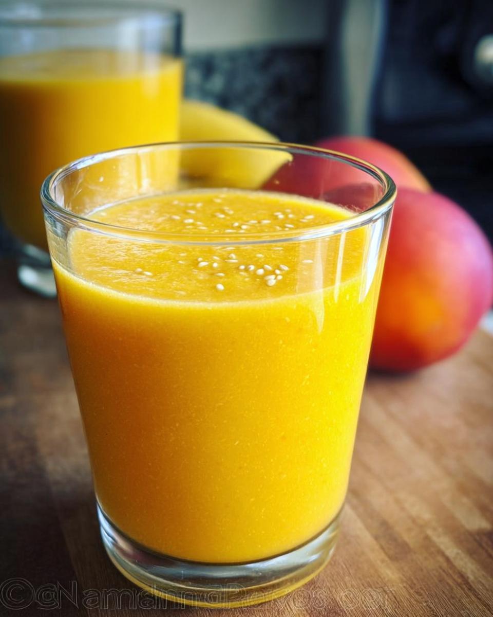 Close-up of a bright orange Mango Pineapple Smoothie topped with white sesame seeds in a clear glass.