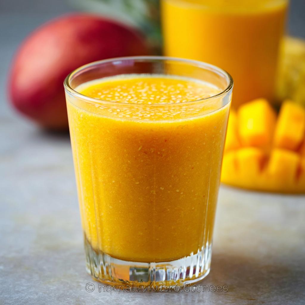 Close-up of a glass filled with a thick, vibrant orange Mango Pineapple Smoothie, with fresh fruit in the background.