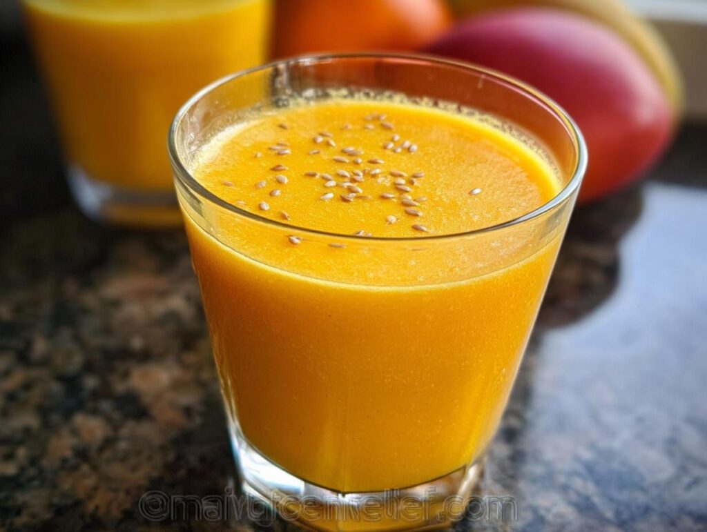 Close-up of a vibrant, orange Mango Pineapple Smoothie topped with flax or sesame seeds.