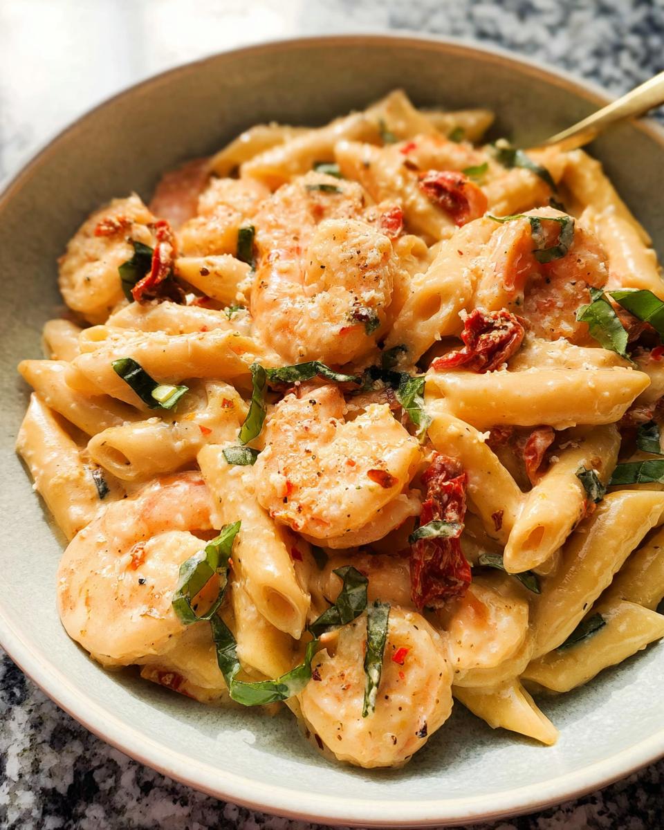 A close-up of creamy "Marry Me" shrimp pasta with penne, succulent shrimp, sun-dried tomatoes, and fresh basil.
