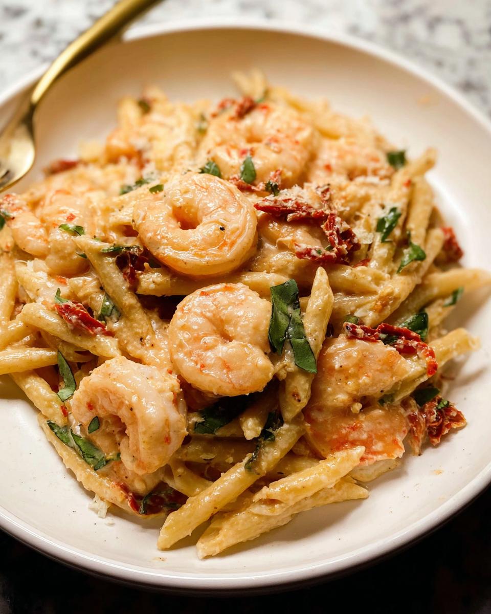 A close-up of creamy "Marry Me" shrimp pasta with penne, succulent shrimp, sun-dried tomatoes, and fresh basil.