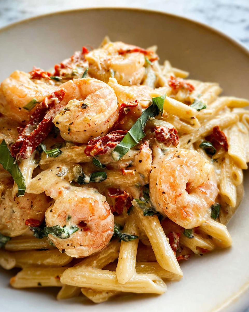 A close-up of creamy Marry Me shrimp pasta, featuring penne pasta, plump shrimp, sun-dried tomatoes, and fresh basil.