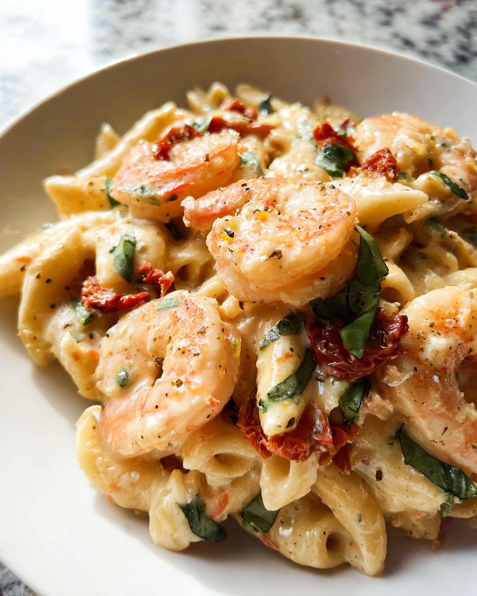 A close-up of creamy "Marry Me" Shrimp Pasta, featuring penne pasta, succulent shrimp, sun-dried tomatoes, and fresh basil.