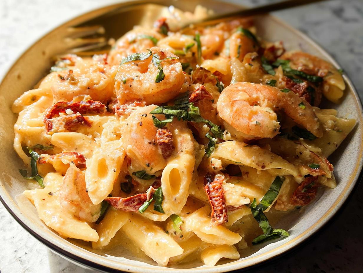 A close-up of a bowl of "Marry Me" shrimp pasta, featuring penne pasta, succulent shrimp, sun-dried tomatoes, and fresh basil in a creamy sauce.