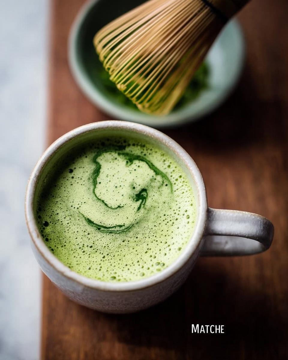 Close-up of a freshly prepared Matcha Green Tea Latte with foam, next to a bamboo whisk.
