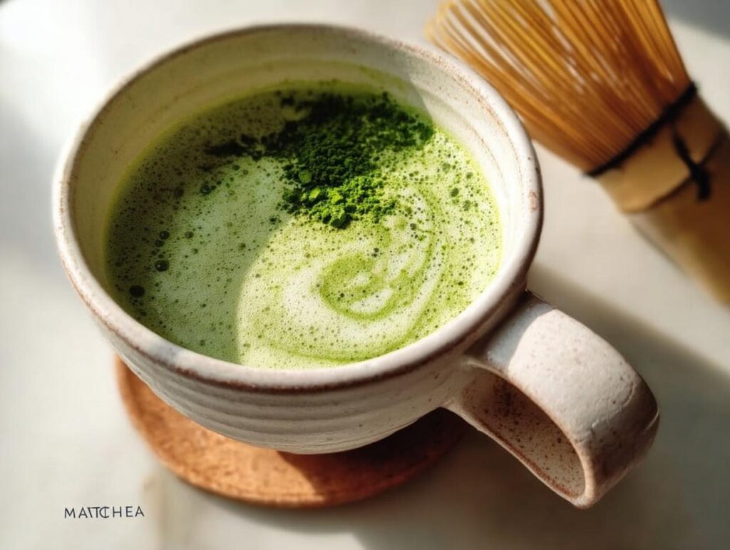Close-up of a freshly prepared Matcha Green Tea Latte with foam and extra powder, next to a bamboo whisk.