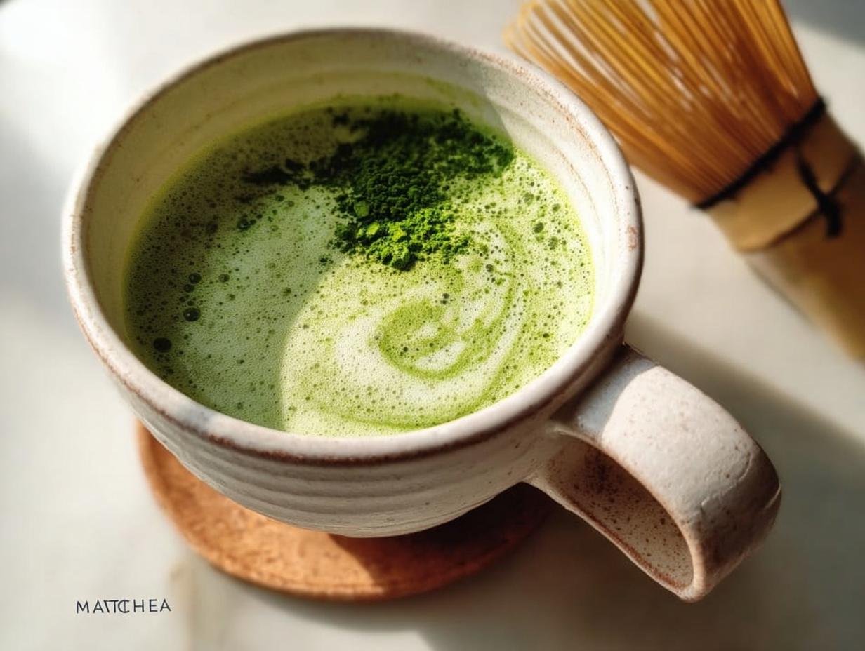Close-up of a freshly prepared Matcha Green Tea Latte with foam and extra powder, next to a bamboo whisk.