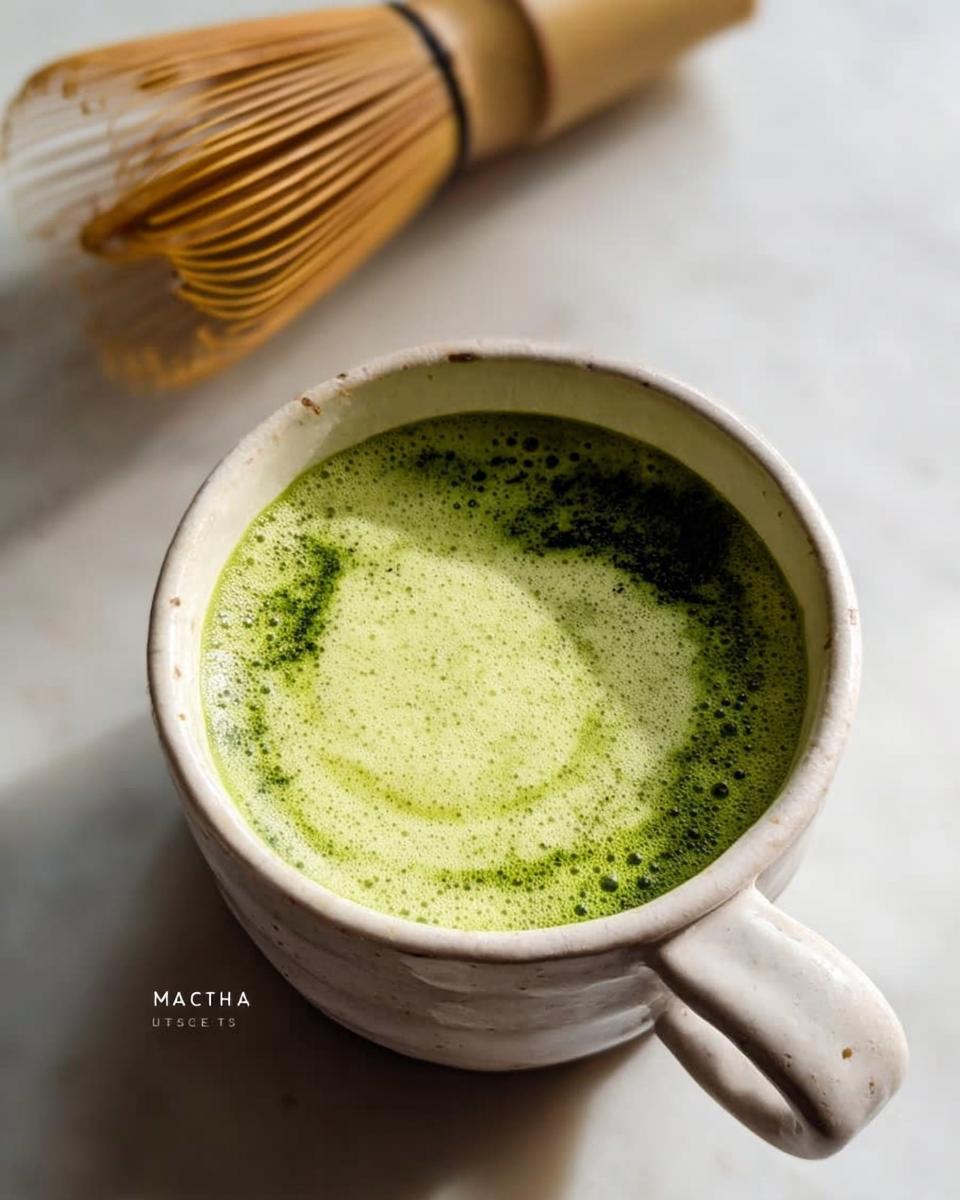 Overhead view of a freshly prepared Matcha Green Tea Latte with a frothy top, next to a bamboo whisk.