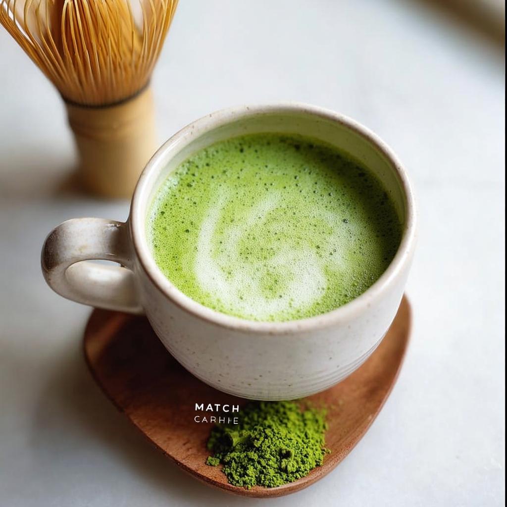 A freshly prepared Matcha Green Tea Latte with foam, next to matcha powder and a whisk.