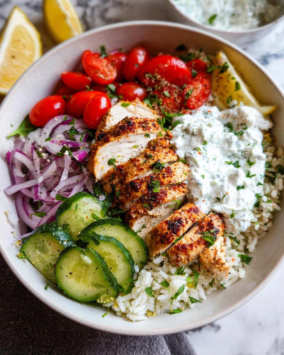 A close-up of a vibrant Mediterranean Chicken Bowls featuring sliced seasoned chicken, rice, cucumbers, tomatoes, red onion, and tzatziki sauce.