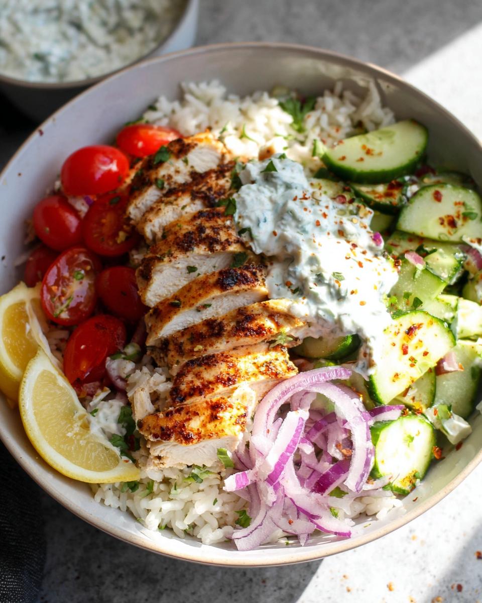 A close-up of a vibrant Mediterranean Chicken Bowls featuring sliced grilled chicken, rice, cherry tomatoes, cucumbers, red onion, and a dollop of tzatziki sauce.