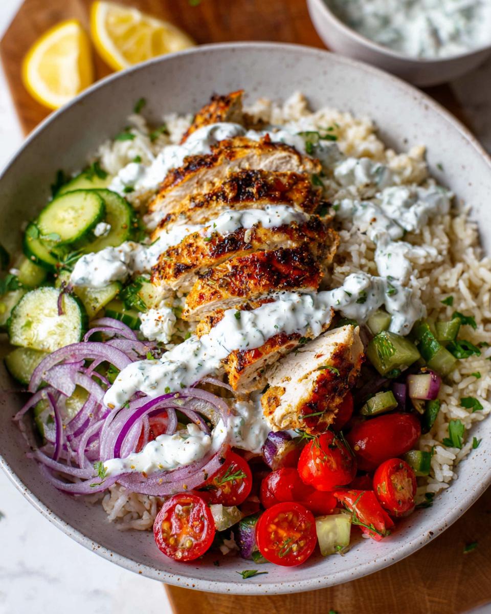 A close-up of a hearty bowl filled with rice, sliced seasoned chicken, cucumbers, red onion, tomatoes, and drizzled with tzatziki sauce, perfect for Mediterranean Chicken Bowls.