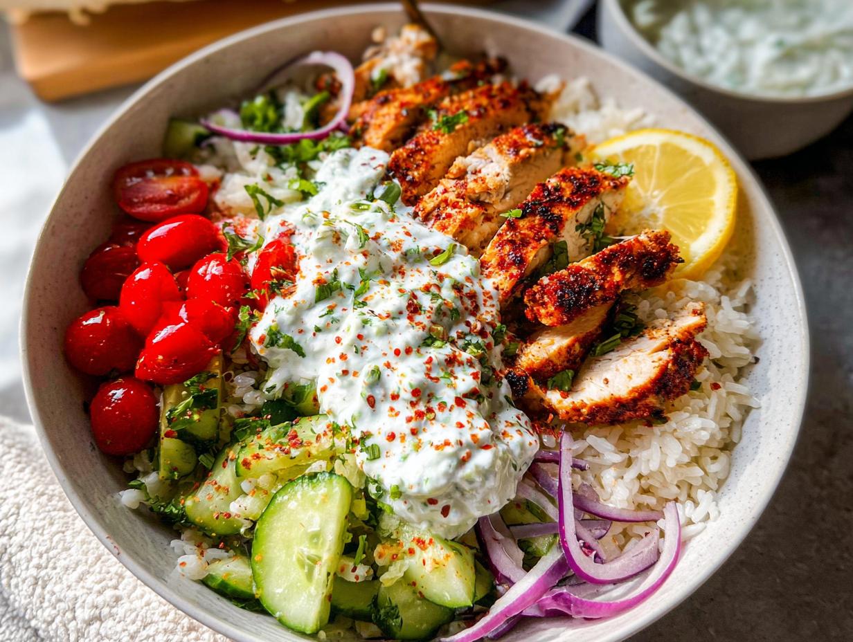 A vibrant bowl featuring seasoned chicken slices over rice, topped with tzatziki, cucumbers, tomatoes, and red onion in Mediterranean Chicken Bowls.