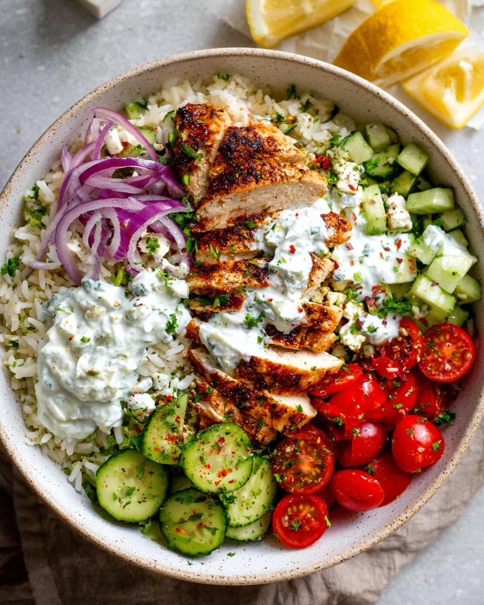 Overhead view of a Mediterranean Chicken Bowls featuring sliced seasoned chicken, rice, cucumbers, tomatoes, and tzatziki sauce.