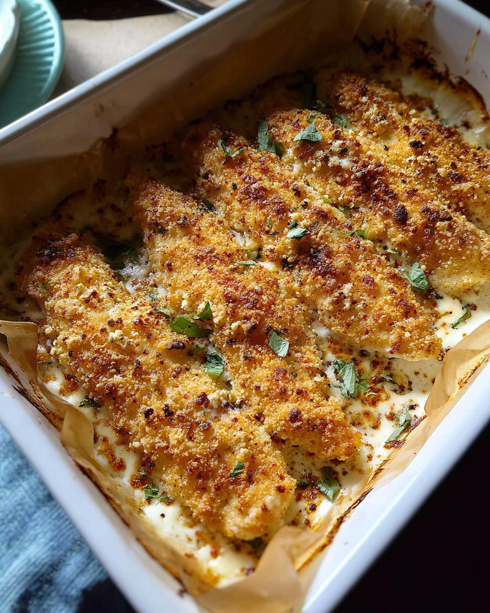 Four pieces of baked Melt In Your Mouth Chicken with a golden, crispy breadcrumb topping sitting in a creamy sauce.