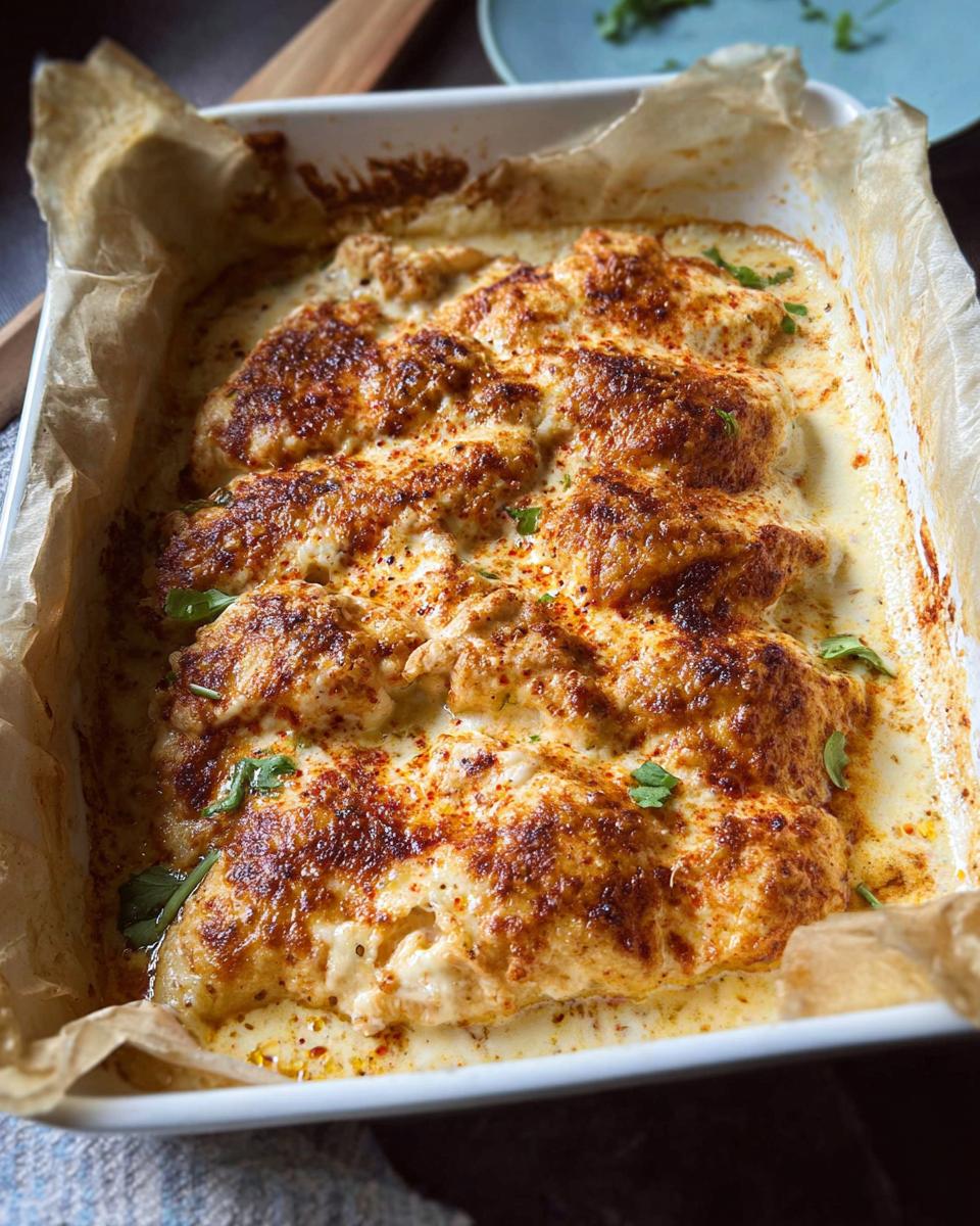 Four baked chicken breasts covered in a creamy sauce and browned spices, ready to serve for Melt In Your Mouth Chicken.