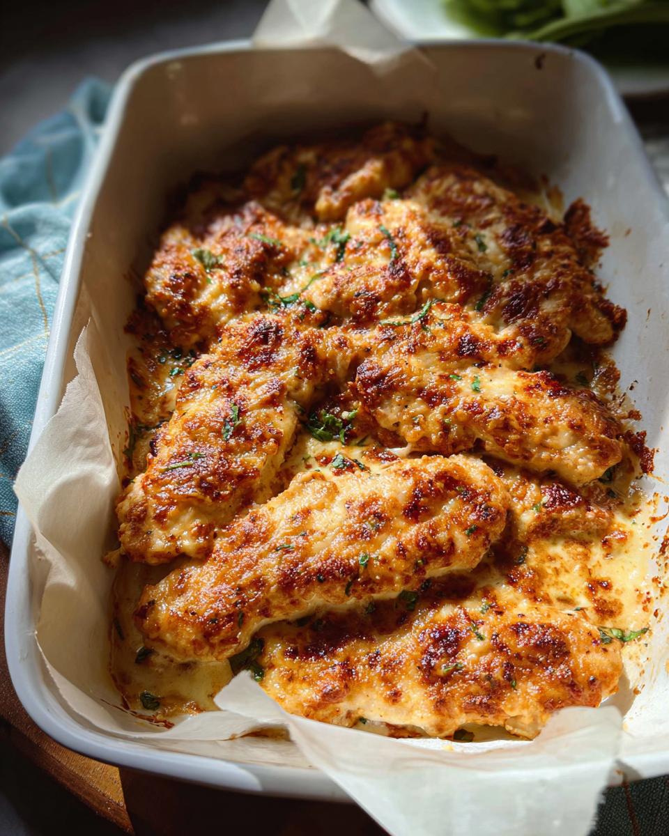Baked chicken tenders covered in a golden, cheesy crust, ready to serve as Melt In Your Mouth Chicken.