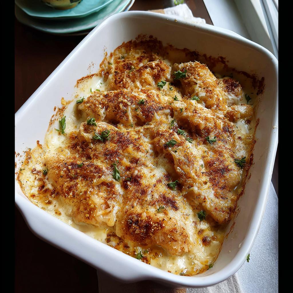 Close-up of baked Melt In Your Mouth Chicken pieces covered in creamy sauce and golden-brown crispy topping in a white dish.