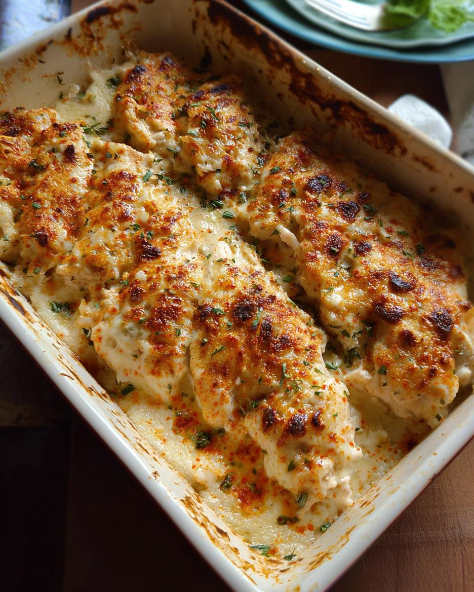Close-up of baked Melt In Your Mouth Chicken covered in creamy sauce and browned cheese topping.