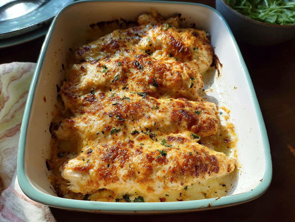 Three baked chicken breasts topped with bubbling, golden-brown cheese and sprinkled with herbs, ready to serve as Melt In Your Mouth Chicken.