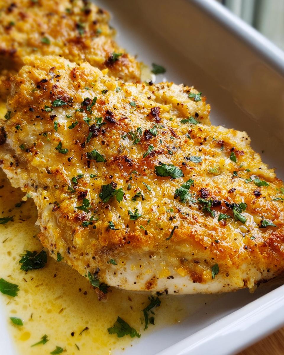Close-up of a baked chicken breast with a golden, cheesy crust, sitting in butter sauce, ready to be served as Melt in Your Mouth Chicken.