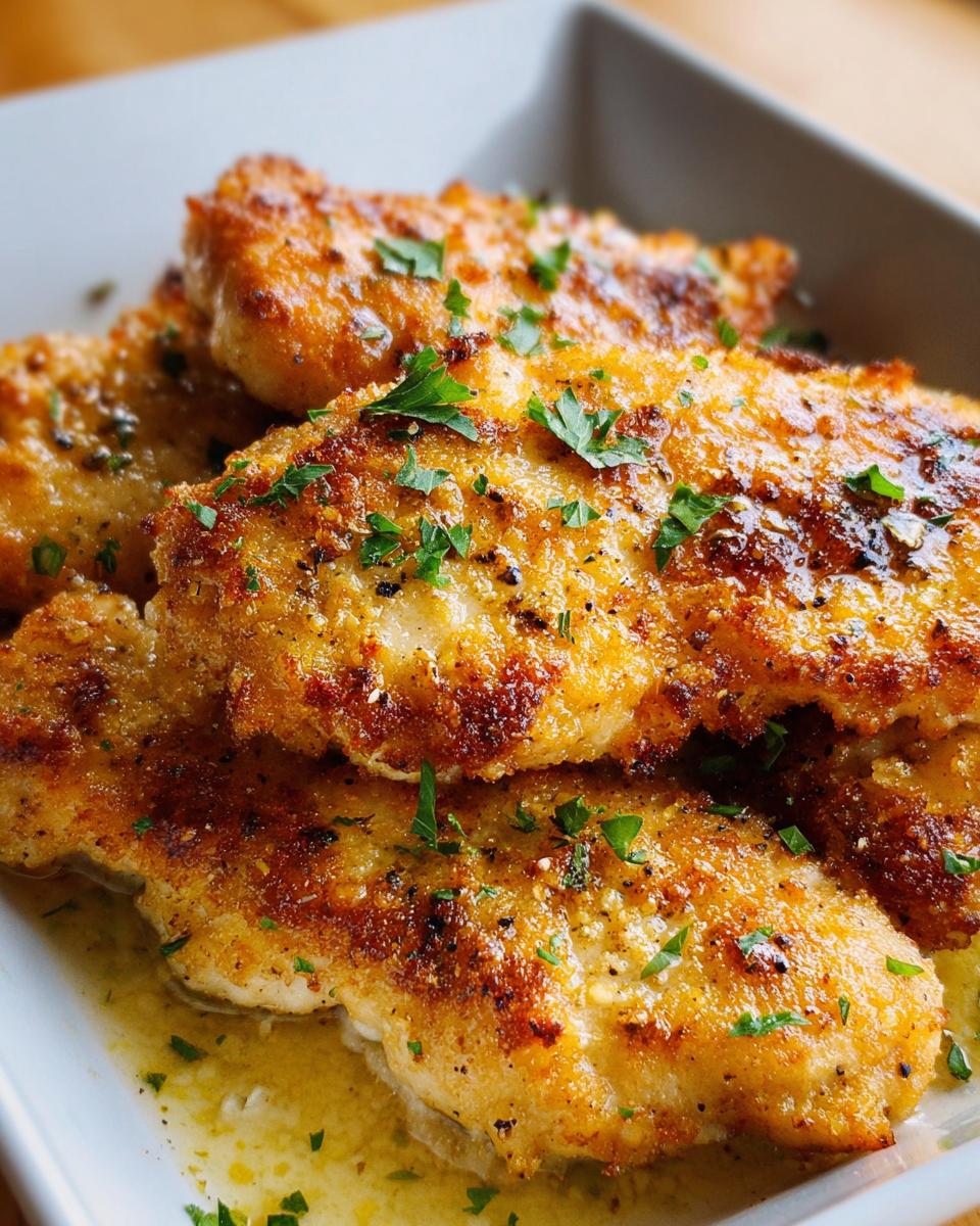 Golden brown, pan-fried pieces of Melt in Your Mouth Chicken topped with fresh parsley.