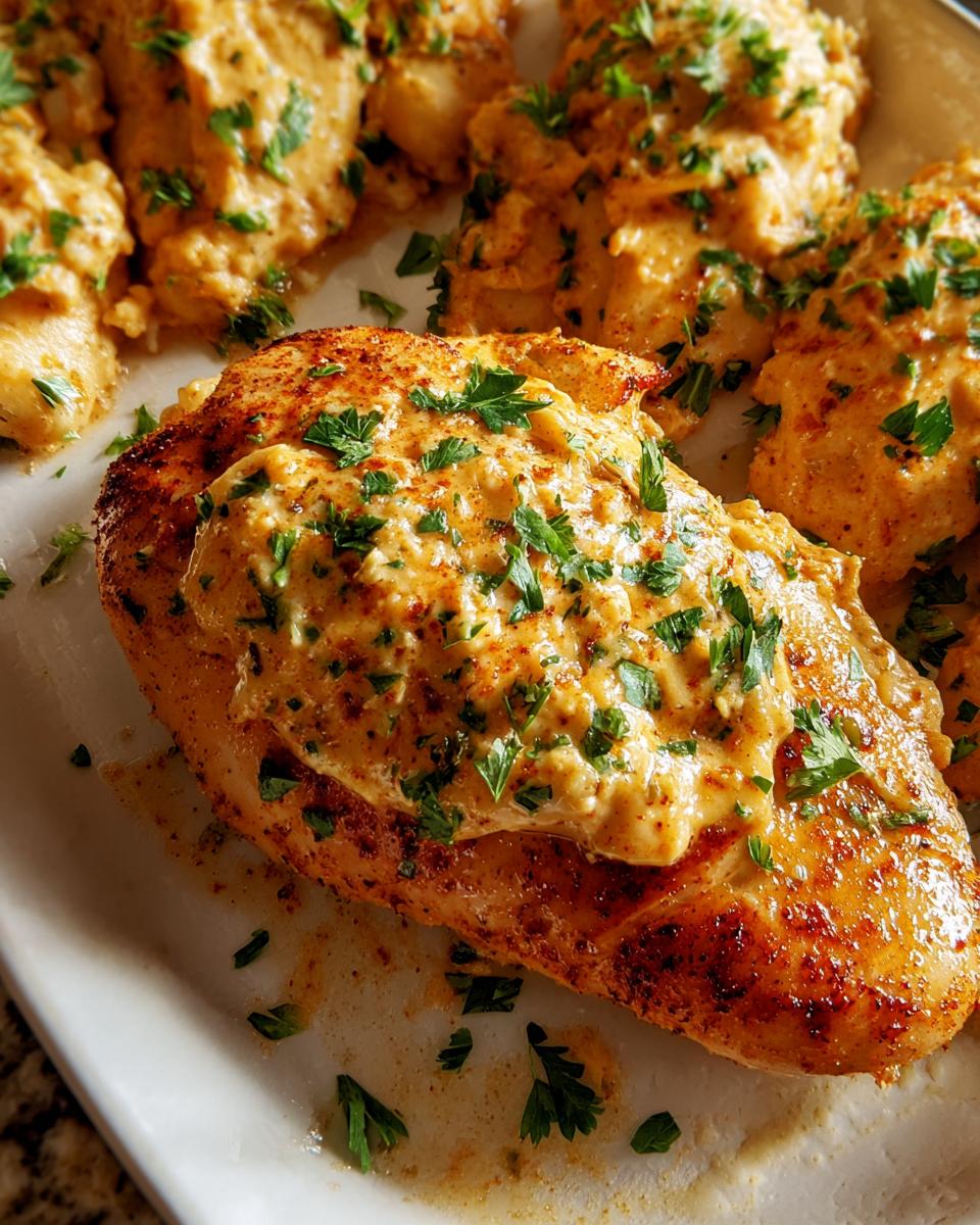 Close-up of a juicy Melt In Your Mouth Chicken breast topped with a creamy sauce and fresh parsley.