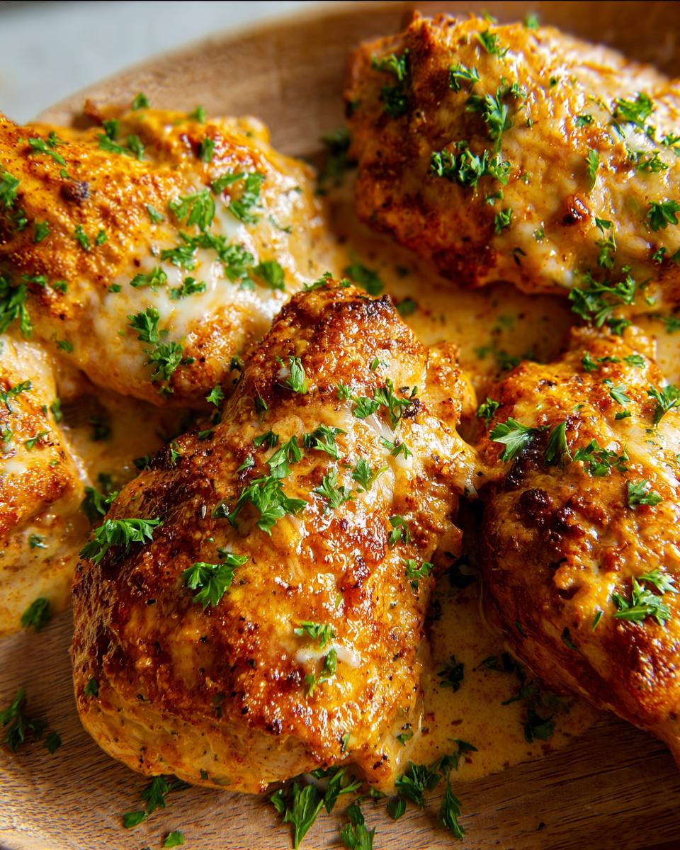 Close-up of Melt In Your Mouth Chicken pieces coated in a creamy, golden sauce and sprinkled with fresh parsley.