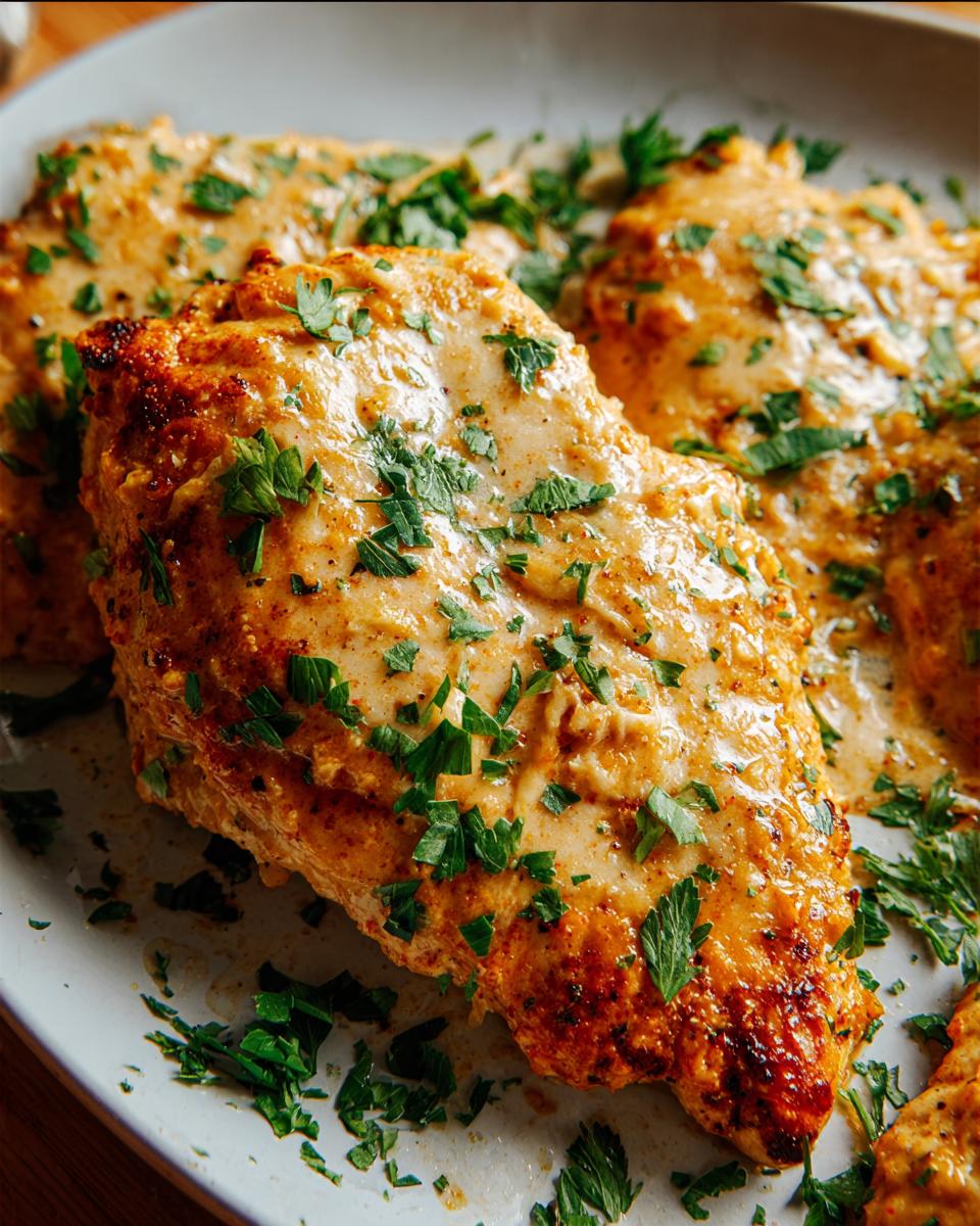 Close-up of Melt In Your Mouth Chicken breasts coated in a creamy sauce and sprinkled with fresh parsley.