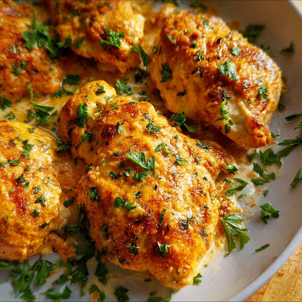 Close-up of Melt In Your Mouth Chicken breasts in a creamy sauce, garnished with fresh parsley.