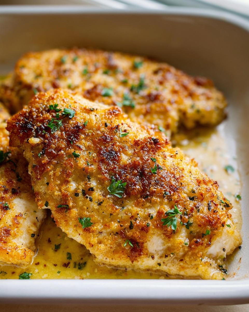 Close-up of golden-brown, crusted Melt in Your Mouth Chicken breasts resting in a buttery sauce, garnished with parsley.