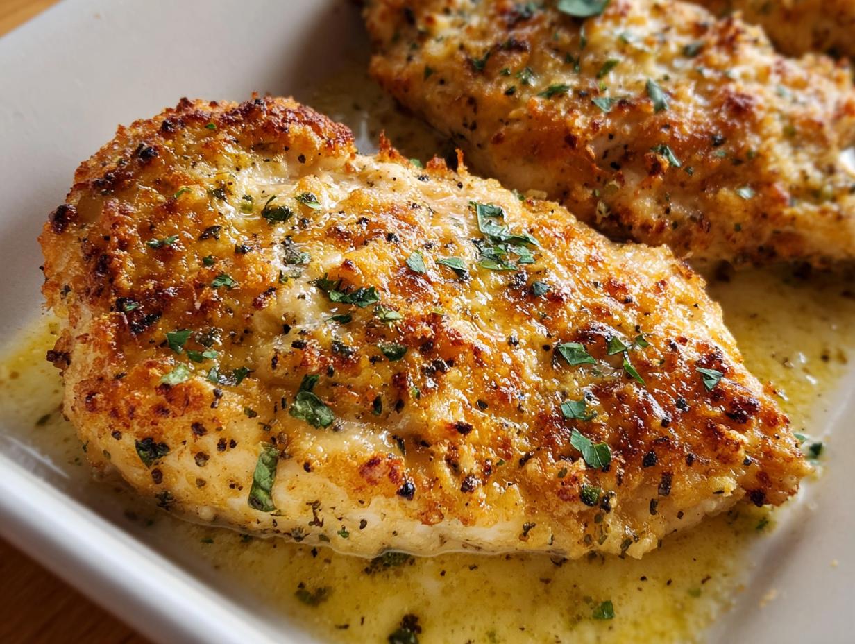 Close-up of a golden-brown, crusted piece of Melt in Your Mouth Chicken resting in buttery sauce.