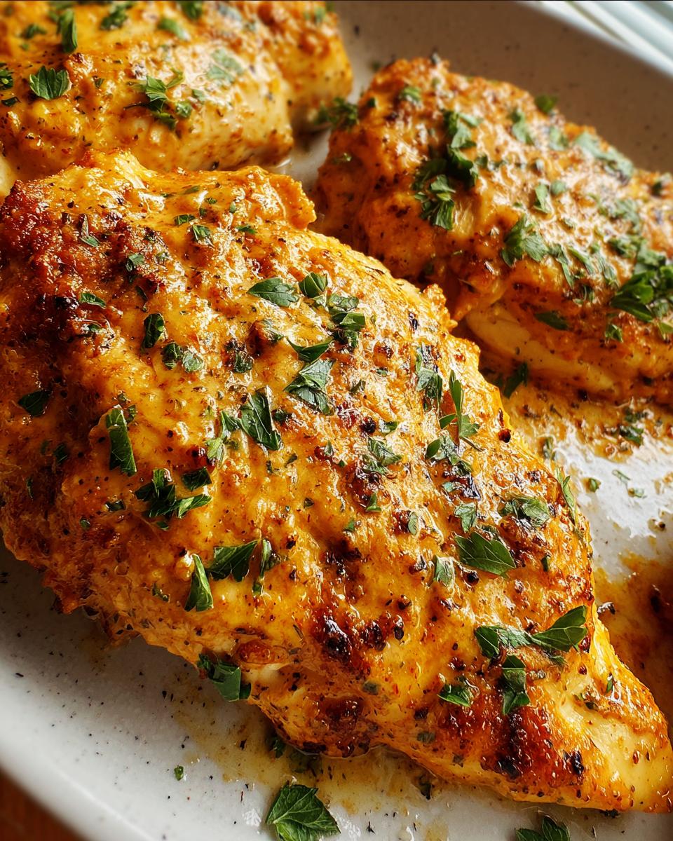 Close-up of tender Melt In Your Mouth Chicken breasts coated in a golden sauce and sprinkled with fresh parsley.