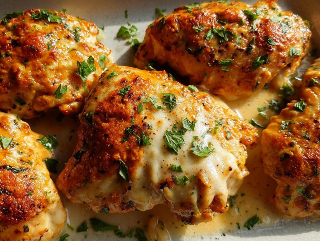 Close-up of several pieces of Melt In Your Mouth Chicken, glistening with sauce and sprinkled with fresh parsley.