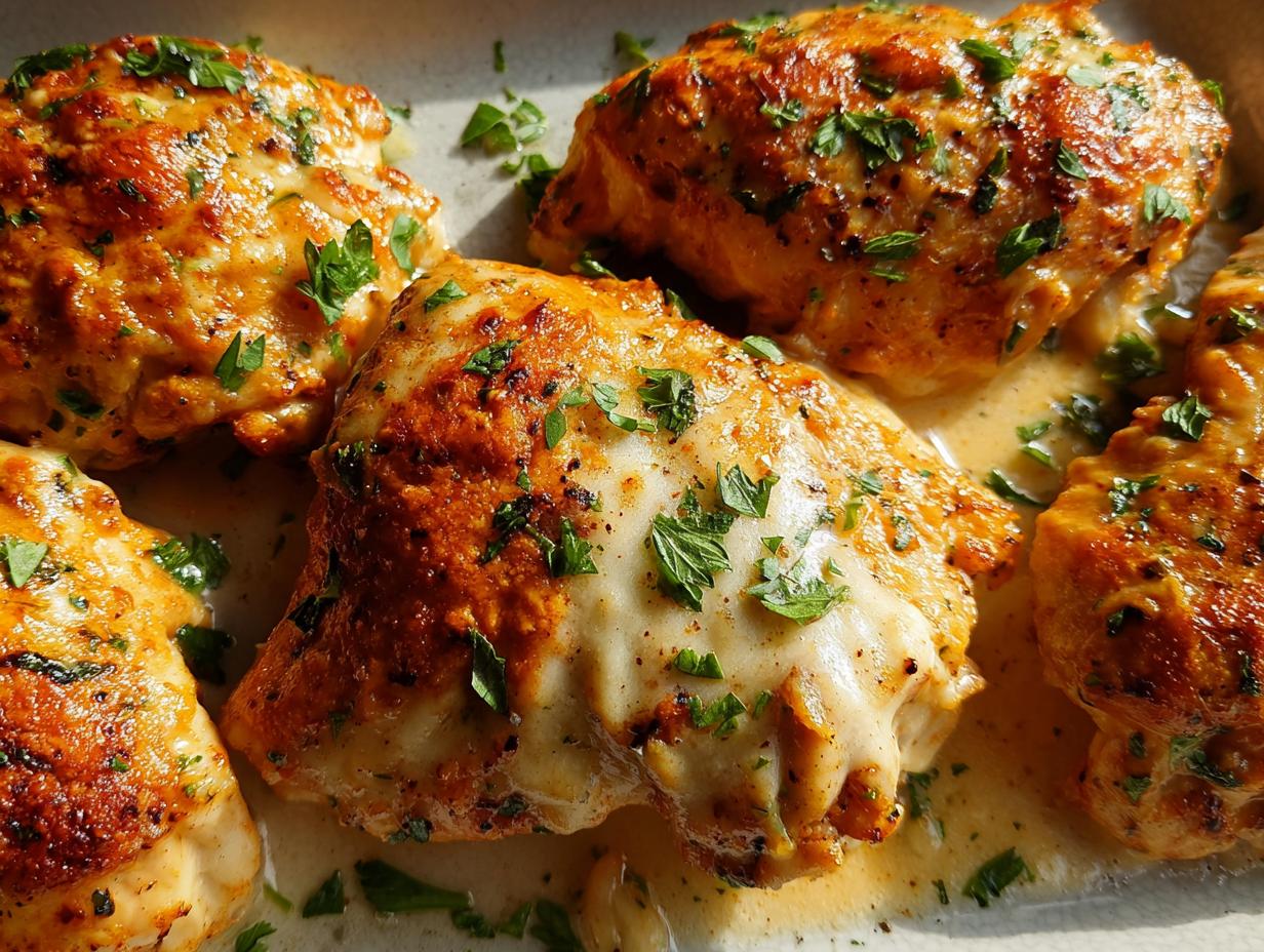 Close-up of several pieces of Melt In Your Mouth Chicken, glistening with sauce and sprinkled with fresh parsley.
