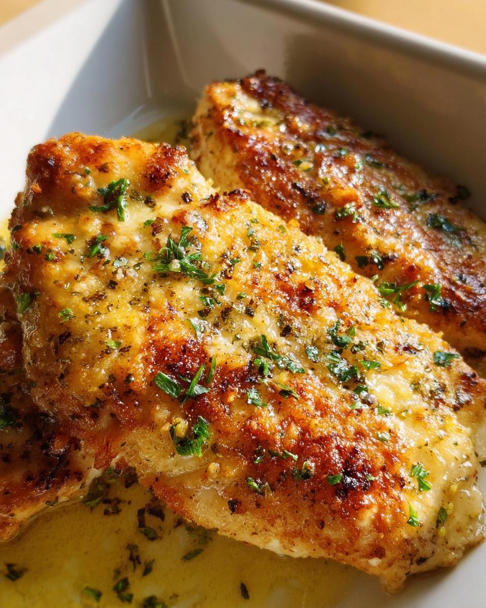 Close-up of two golden, pan-seared chicken breasts glistening in butter sauce, topped with fresh parsley, illustrating Melt in Your Mouth Chicken.