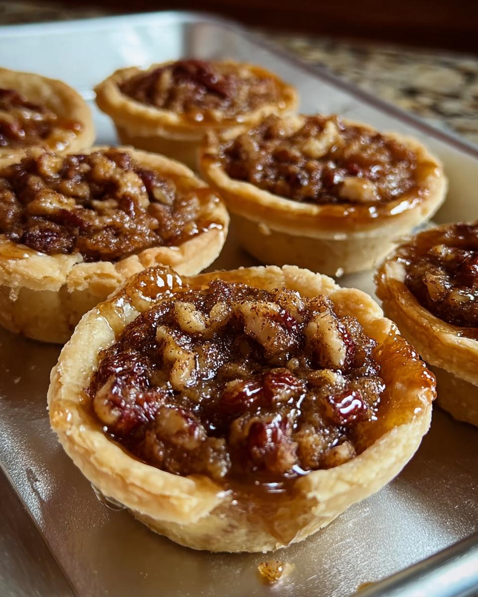 Close-up of mini pecan pies, perfect for quick Thanksgiving Desserts, with a flaky crust and rich filling.