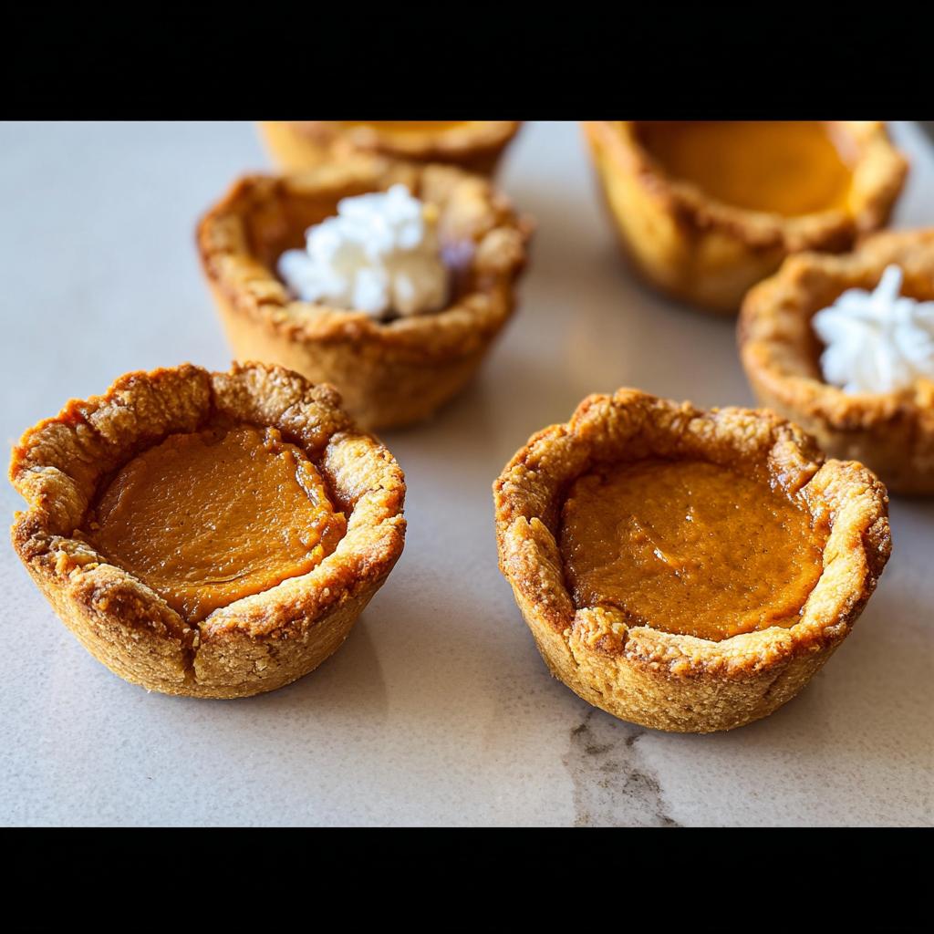 Close-up of mini pumpkin pies, some topped with whipped cream, perfect for Thanksgiving desserts.